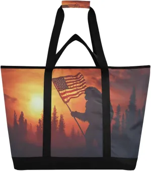 Flag Sasquatch Sunset Large Insulated Tote Bag for Grocery Shopping Reusable Tote Bags for Women Men, Cooler Bag with Zippered Top & Handles for Beach Picnic Travel
