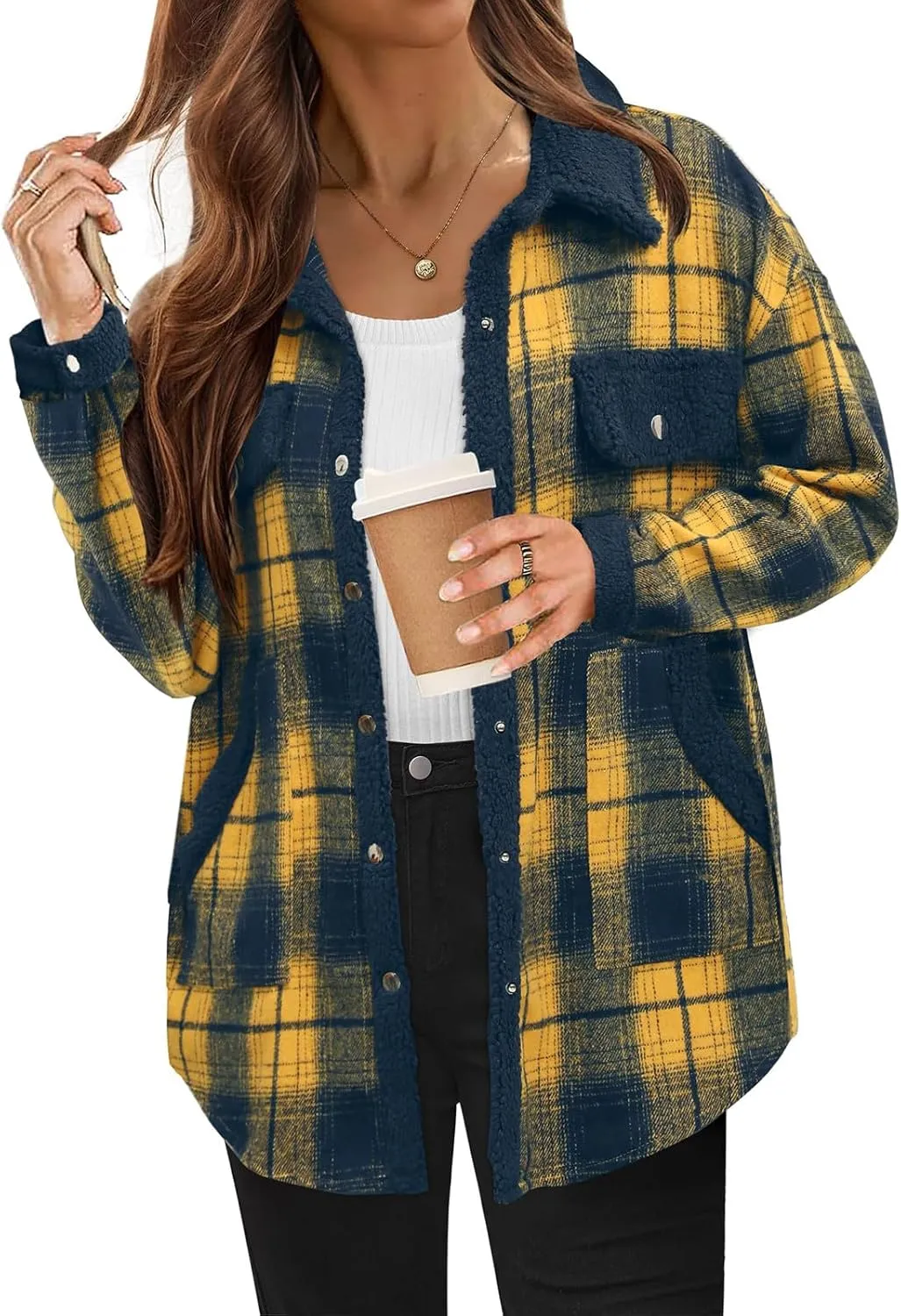Flannel Jacket Women Plaid Fleece Sherpa Shacket Jackets 2024 Casual Long Sleeve Button Down Collared Fall Winter Coats