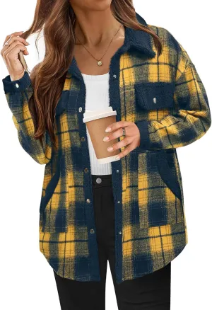 Flannel Jacket Women Plaid Fleece Sherpa Shacket Jackets 2024 Casual Long Sleeve Button Down Collared Fall Winter Coats