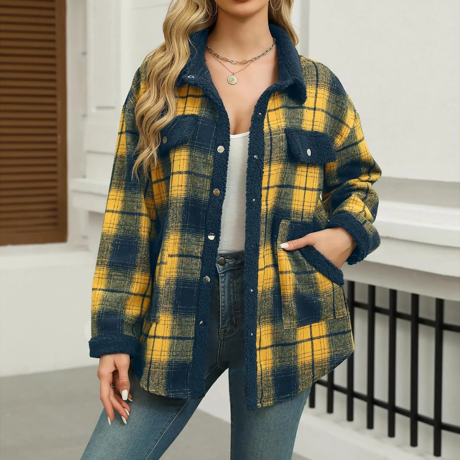 Flannel Jacket Women Plaid Fleece Sherpa Shacket Jackets 2024 Casual Long Sleeve Button Down Collared Fall Winter Coats