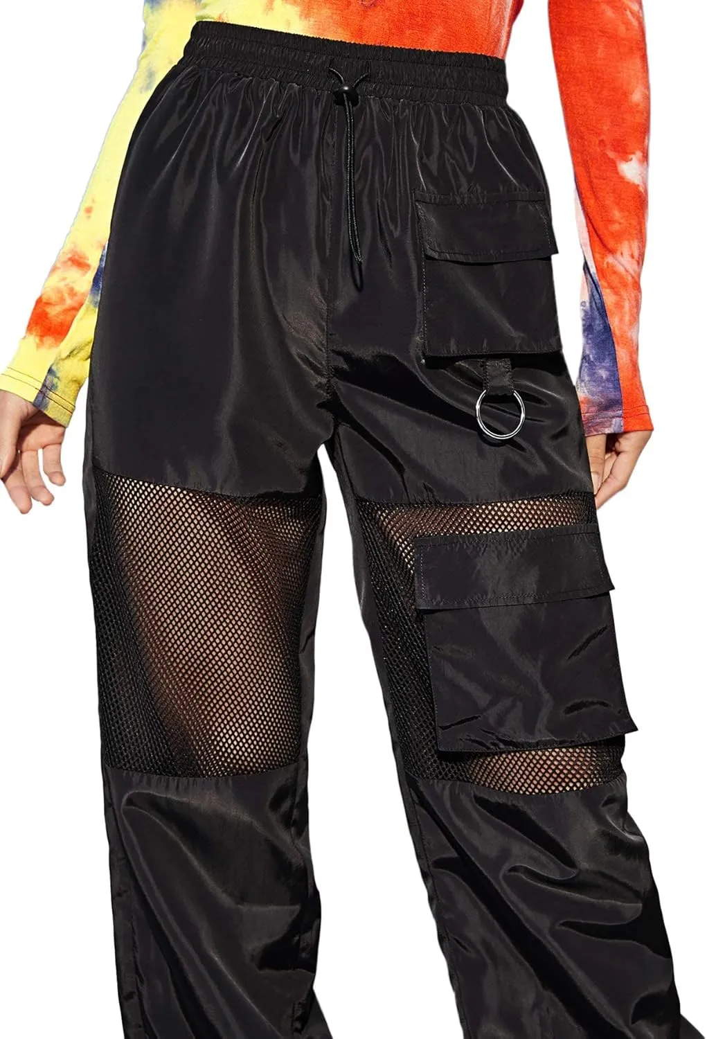 Floerns Women's High Waisted Sporty Drawstring Contrast Mesh Cargo Pants