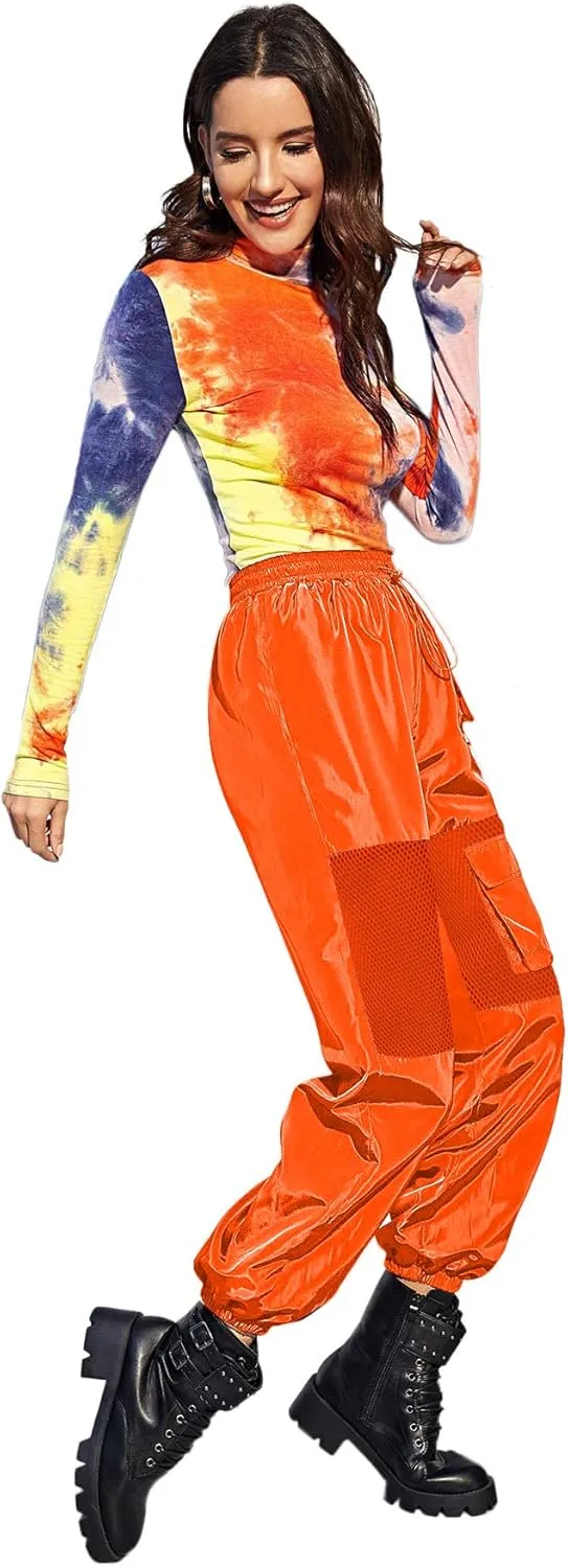 Floerns Women's High Waisted Sporty Drawstring Contrast Mesh Cargo Pants