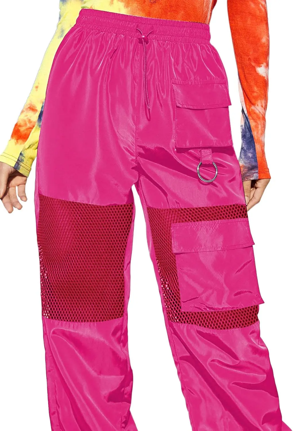 Floerns Women's High Waisted Sporty Drawstring Contrast Mesh Cargo Pants