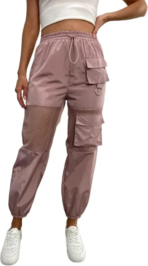 Floerns Women's High Waisted Sporty Drawstring Contrast Mesh Cargo Pants