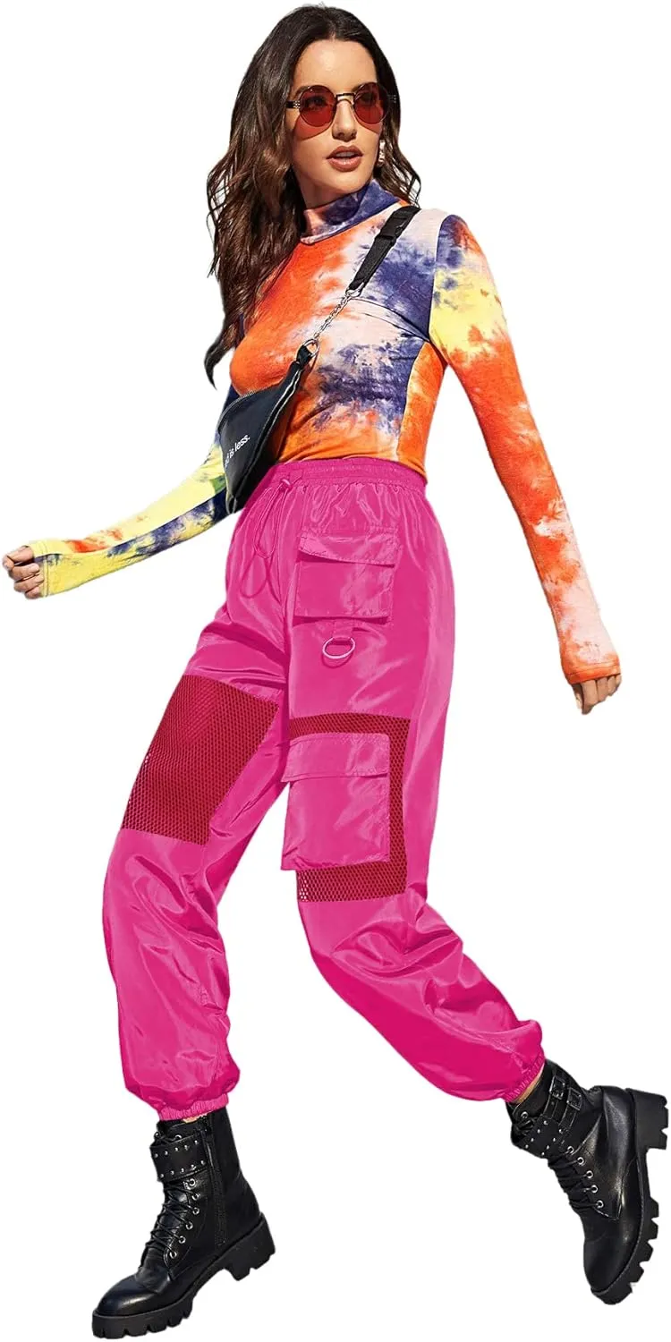 Floerns Women's High Waisted Sporty Drawstring Contrast Mesh Cargo Pants