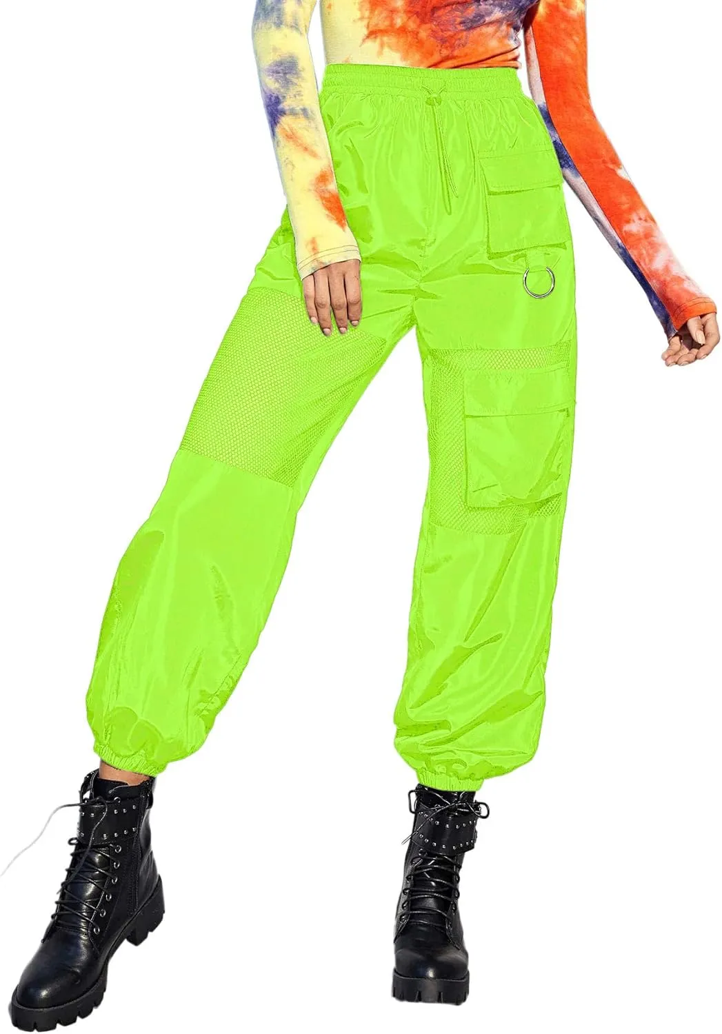 Floerns Women's High Waisted Sporty Drawstring Contrast Mesh Cargo Pants