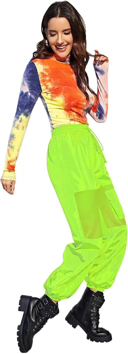 Floerns Women's High Waisted Sporty Drawstring Contrast Mesh Cargo Pants