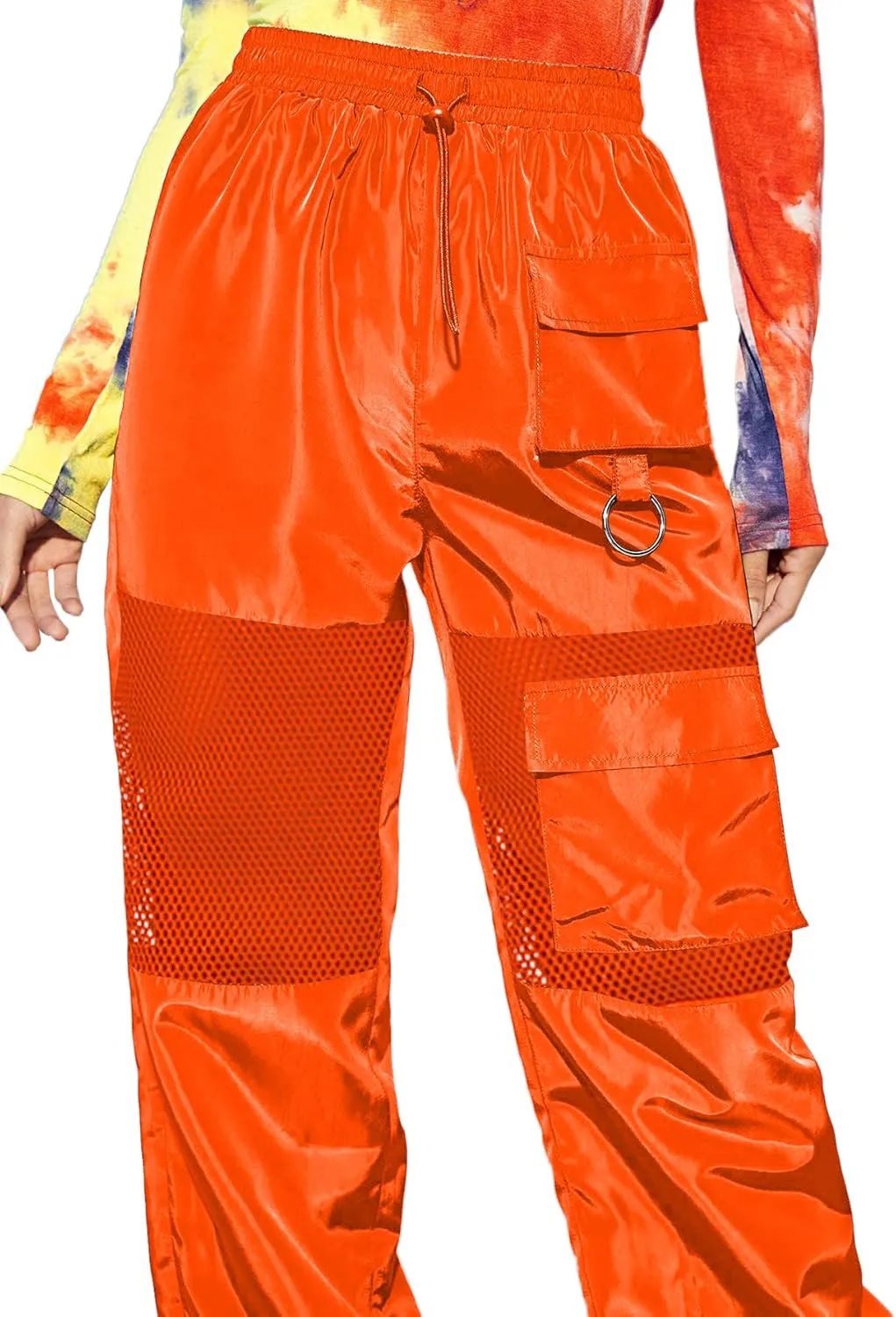 Floerns Women's High Waisted Sporty Drawstring Contrast Mesh Cargo Pants