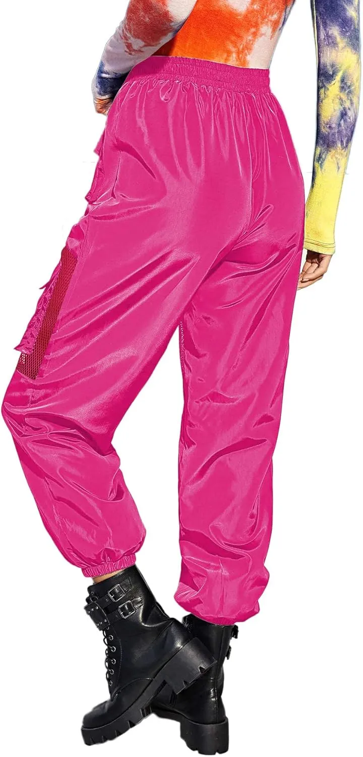 Floerns Women's High Waisted Sporty Drawstring Contrast Mesh Cargo Pants