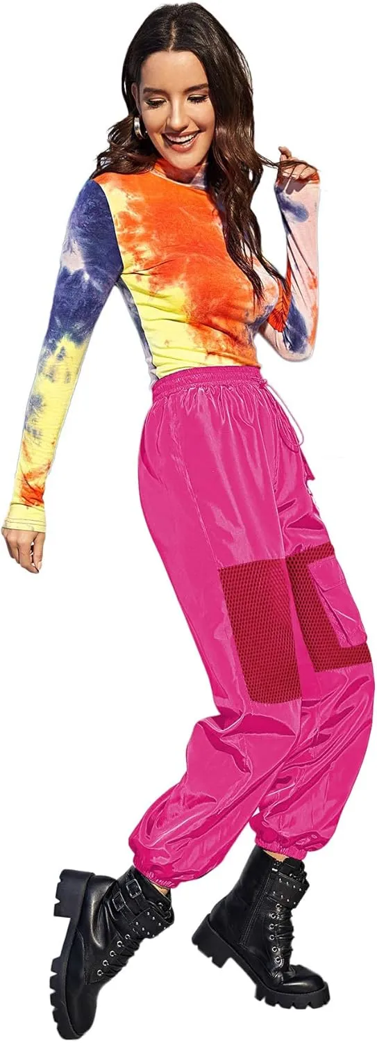 Floerns Women's High Waisted Sporty Drawstring Contrast Mesh Cargo Pants