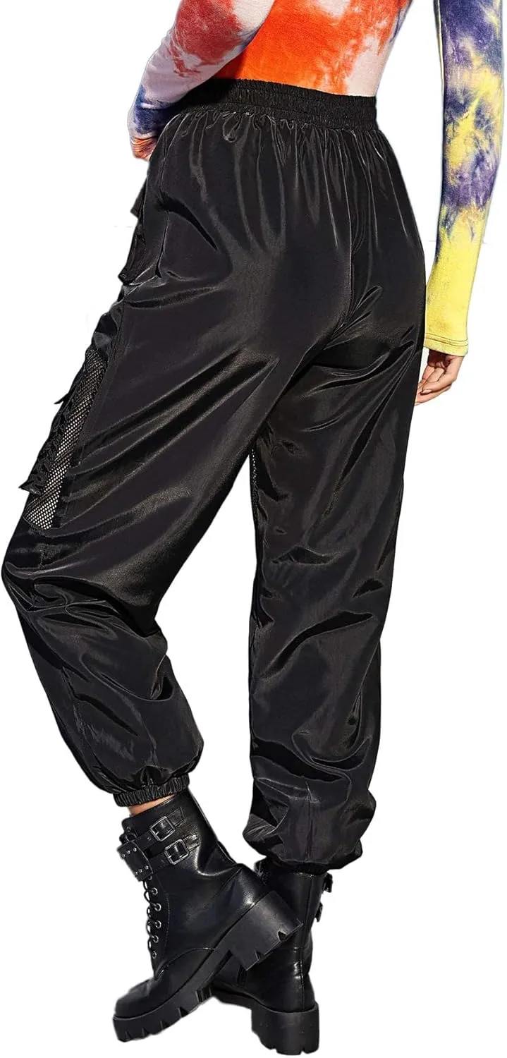 Floerns Women's High Waisted Sporty Drawstring Contrast Mesh Cargo Pants
