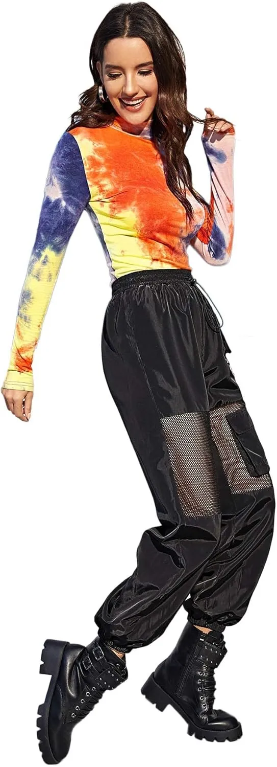 Floerns Women's High Waisted Sporty Drawstring Contrast Mesh Cargo Pants