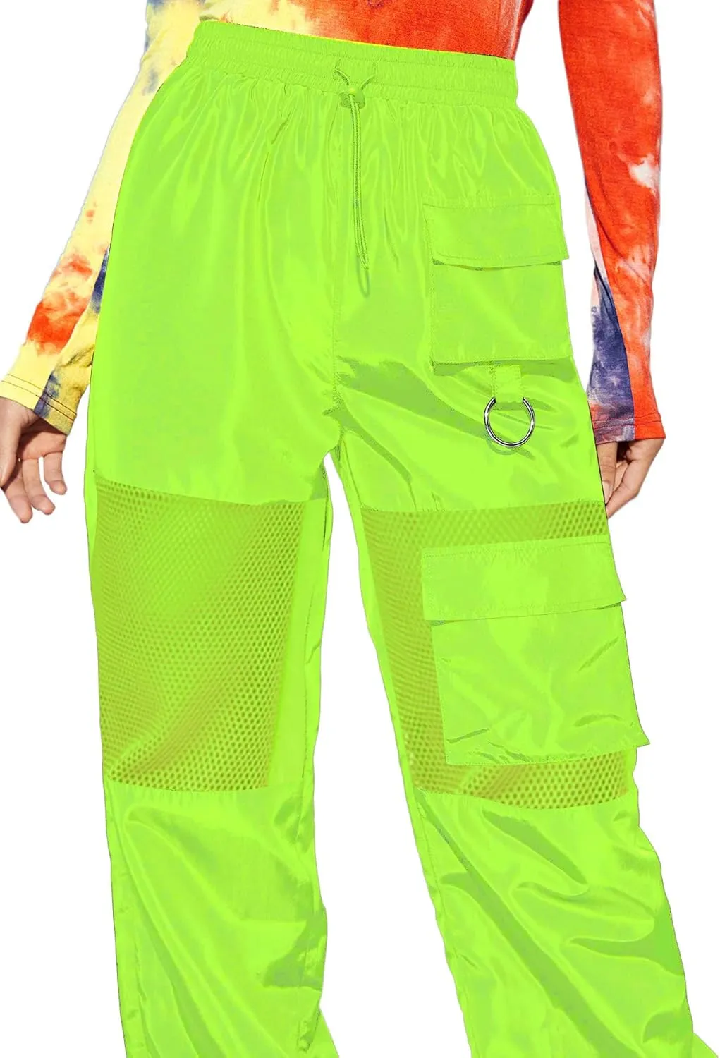 Floerns Women's High Waisted Sporty Drawstring Contrast Mesh Cargo Pants