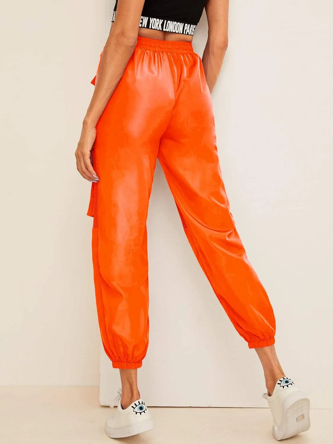 Floerns Women's High Waisted Sporty Drawstring Contrast Mesh Cargo Pants