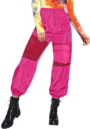 Floerns Women's High Waisted Sporty Drawstring Contrast Mesh Cargo Pants