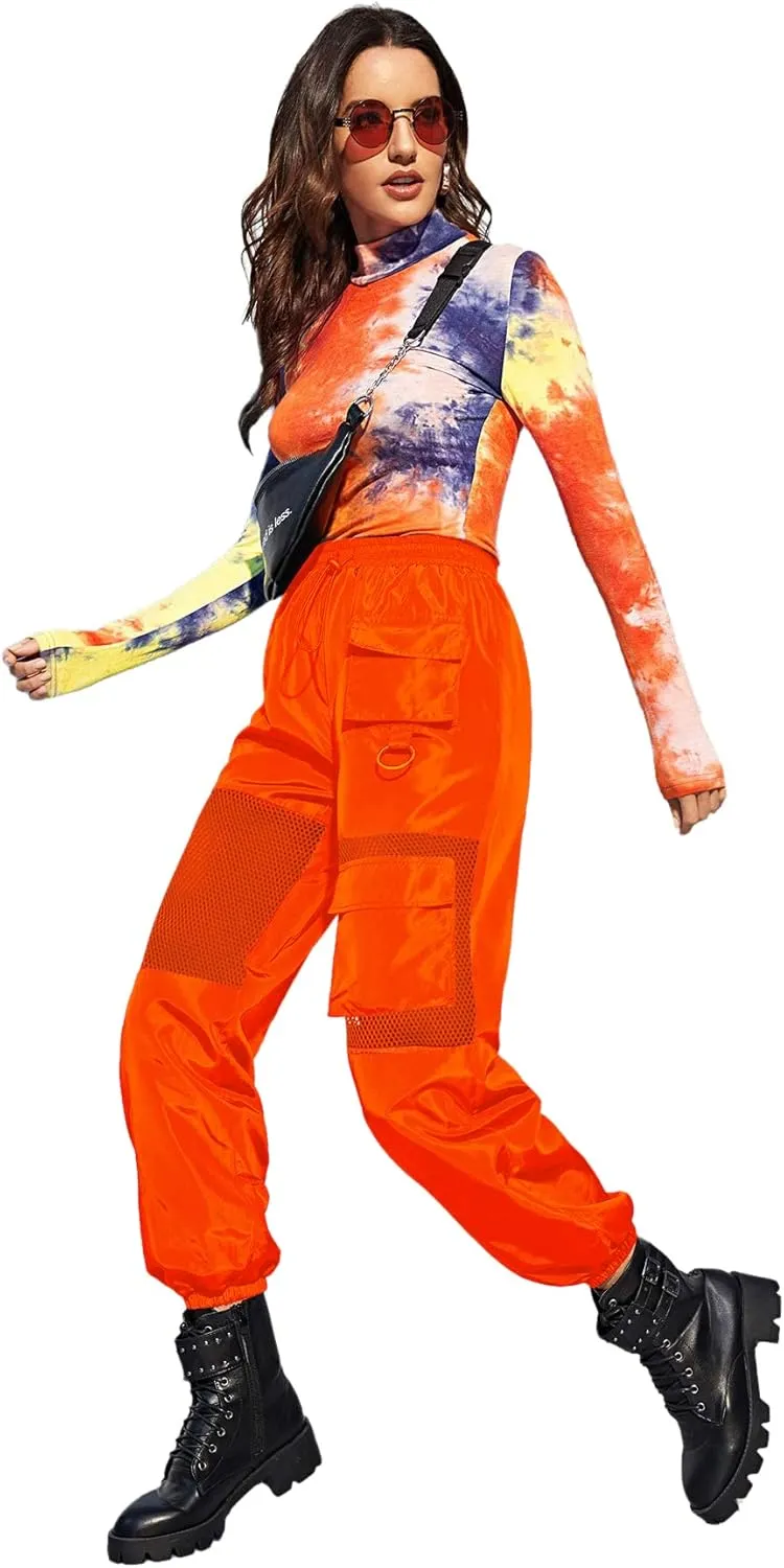 Floerns Women's High Waisted Sporty Drawstring Contrast Mesh Cargo Pants