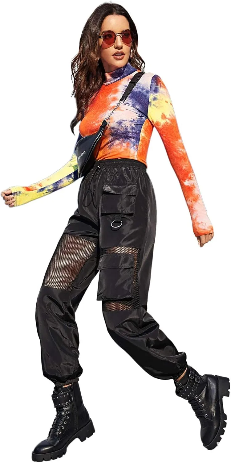 Floerns Women's High Waisted Sporty Drawstring Contrast Mesh Cargo Pants