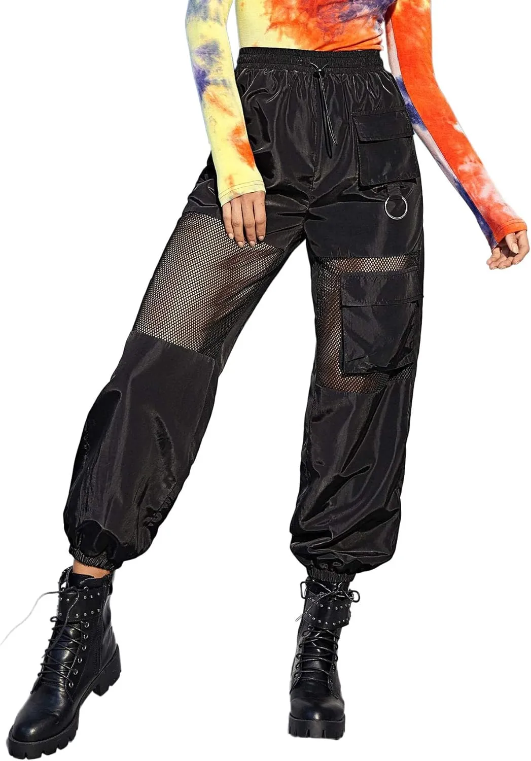 Floerns Women's High Waisted Sporty Drawstring Contrast Mesh Cargo Pants