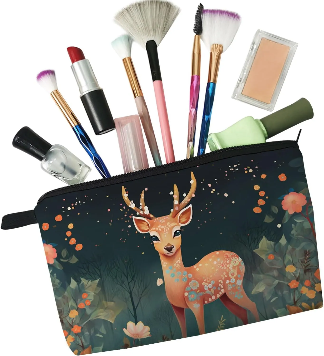 Floral Deer Makeup Bag Folk Art Painting Small Organizer Zipper Pouch Floral Deer Print Cosmetic Bag Present for Women Deer Lovers Friends