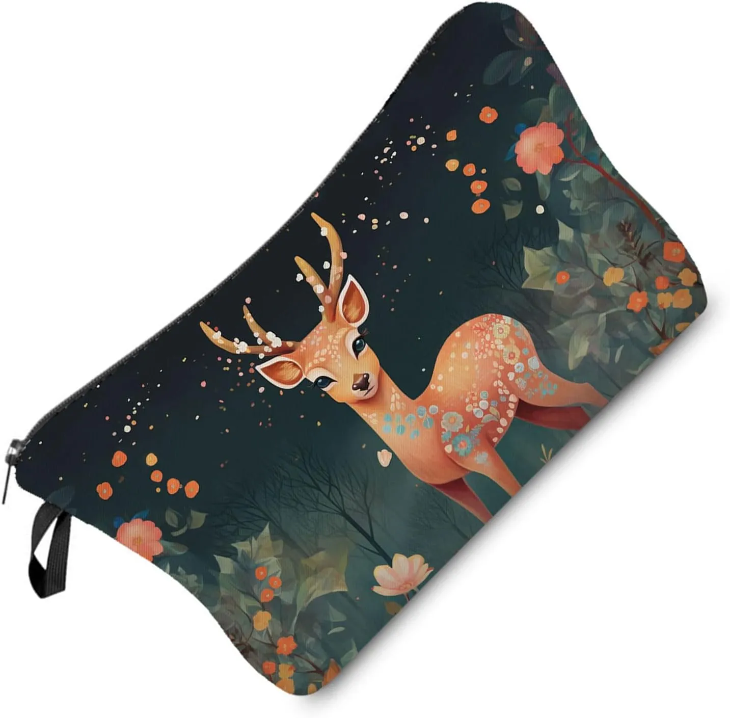 Floral Deer Makeup Bag Folk Art Painting Small Organizer Zipper Pouch Floral Deer Print Cosmetic Bag Present for Women Deer Lovers Friends