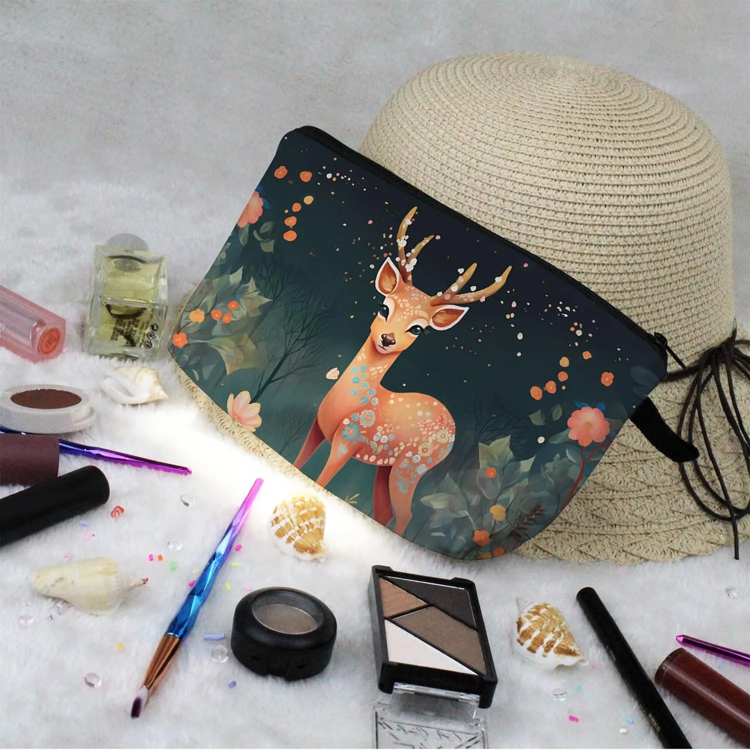 Floral Deer Makeup Bag Folk Art Painting Small Organizer Zipper Pouch Floral Deer Print Cosmetic Bag Present for Women Deer Lovers Friends