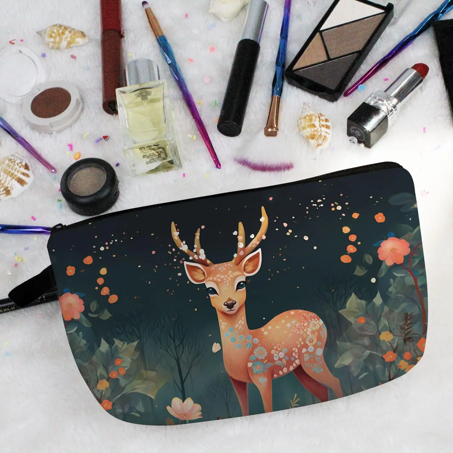 Floral Deer Makeup Bag Folk Art Painting Small Organizer Zipper Pouch Floral Deer Print Cosmetic Bag Present for Women Deer Lovers Friends