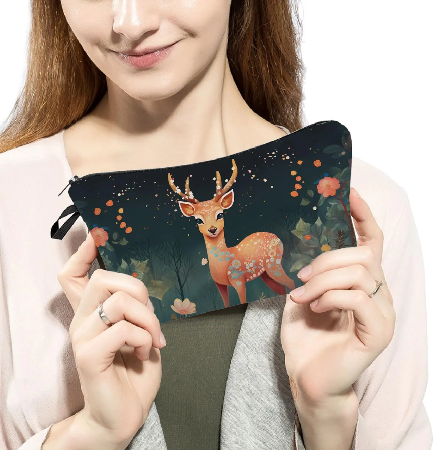 Floral Deer Makeup Bag Folk Art Painting Small Organizer Zipper Pouch Floral Deer Print Cosmetic Bag Present for Women Deer Lovers Friends