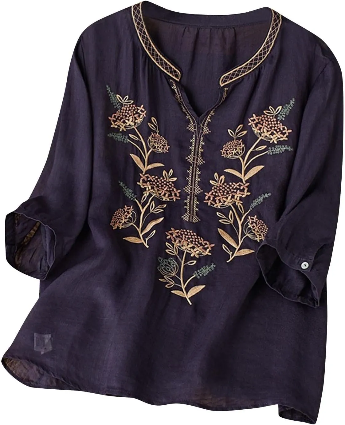 Floral Embroidery Cotton Linen Shirts Women Short Sleeve V Neck Peasant Tops Boho Ethnic Style Blouses Beach Tshirts