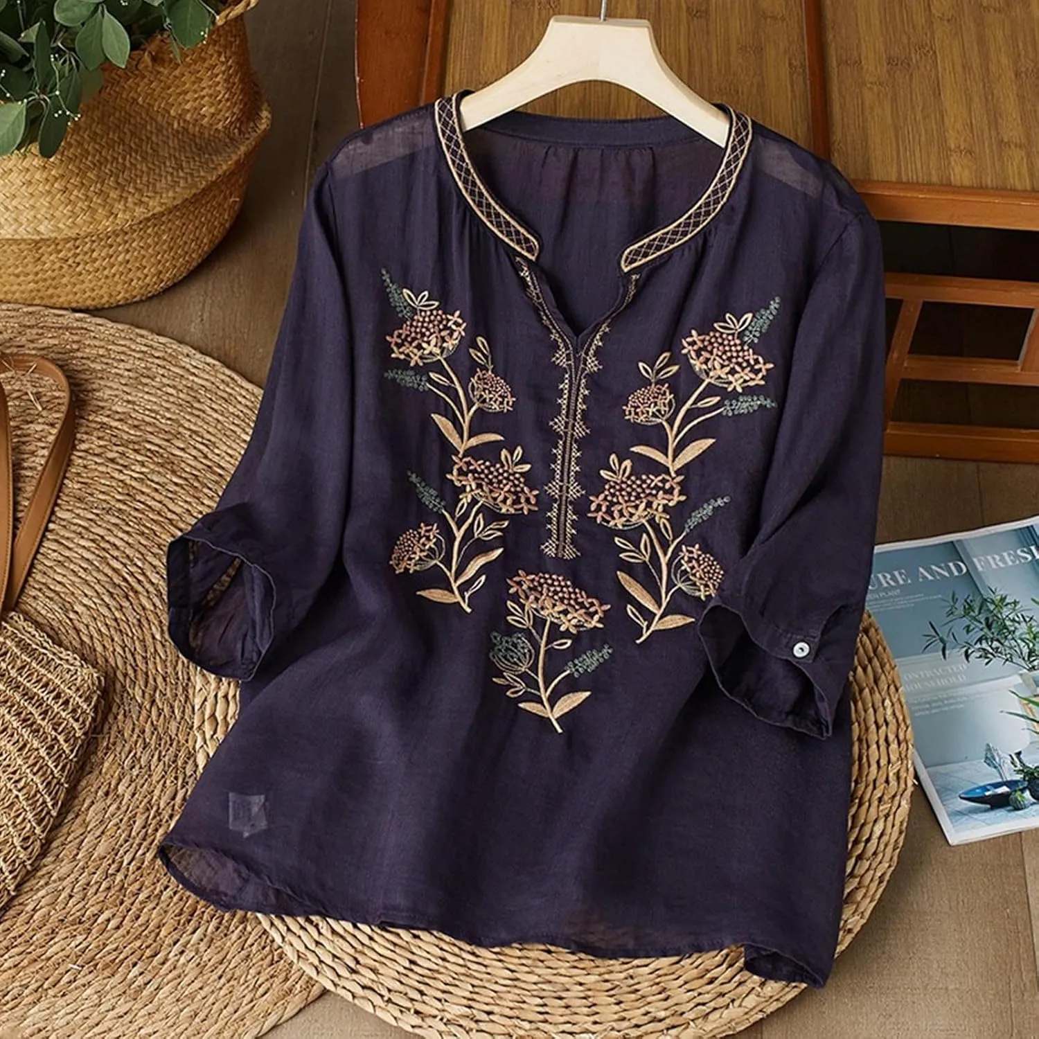 Floral Embroidery Cotton Linen Shirts Women Short Sleeve V Neck Peasant Tops Boho Ethnic Style Blouses Beach Tshirts