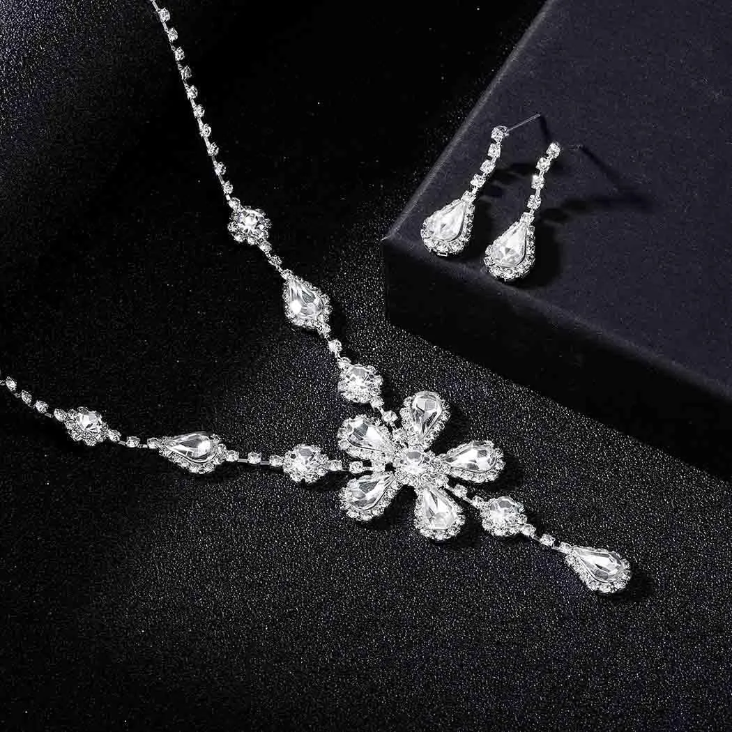 Floral Layered Bridal Necklace Set Rhinestone Wedding Jewelry Set Silver Waterproof Jewelry Set for Brides