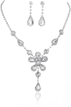 Floral Layered Bridal Necklace Set Rhinestone Wedding Jewelry Set Silver Waterproof Jewelry Set for Brides