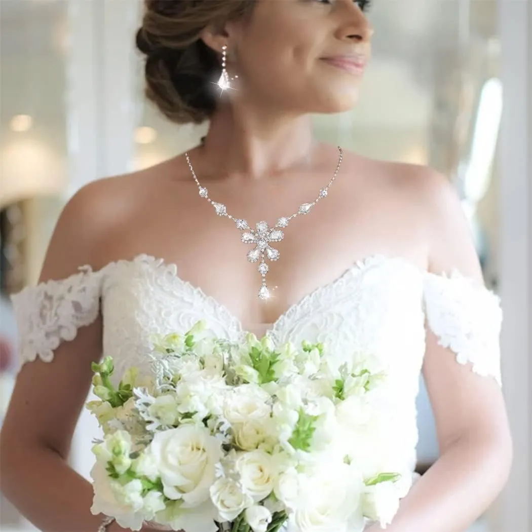 Floral Layered Bridal Necklace Set Rhinestone Wedding Jewelry Set Silver Waterproof Jewelry Set for Brides