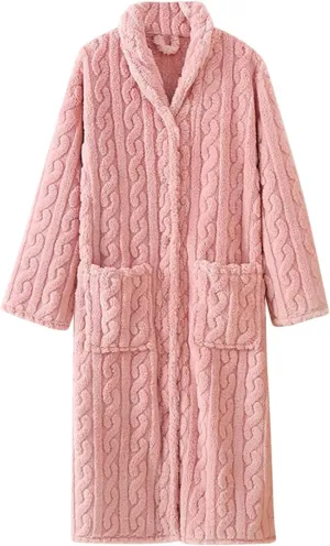 Fluffy Cable Knit Robe for Women Plush Soft Long Bathrobe Front Button Cardigan Comfy Housecoat Lounge Nightwear