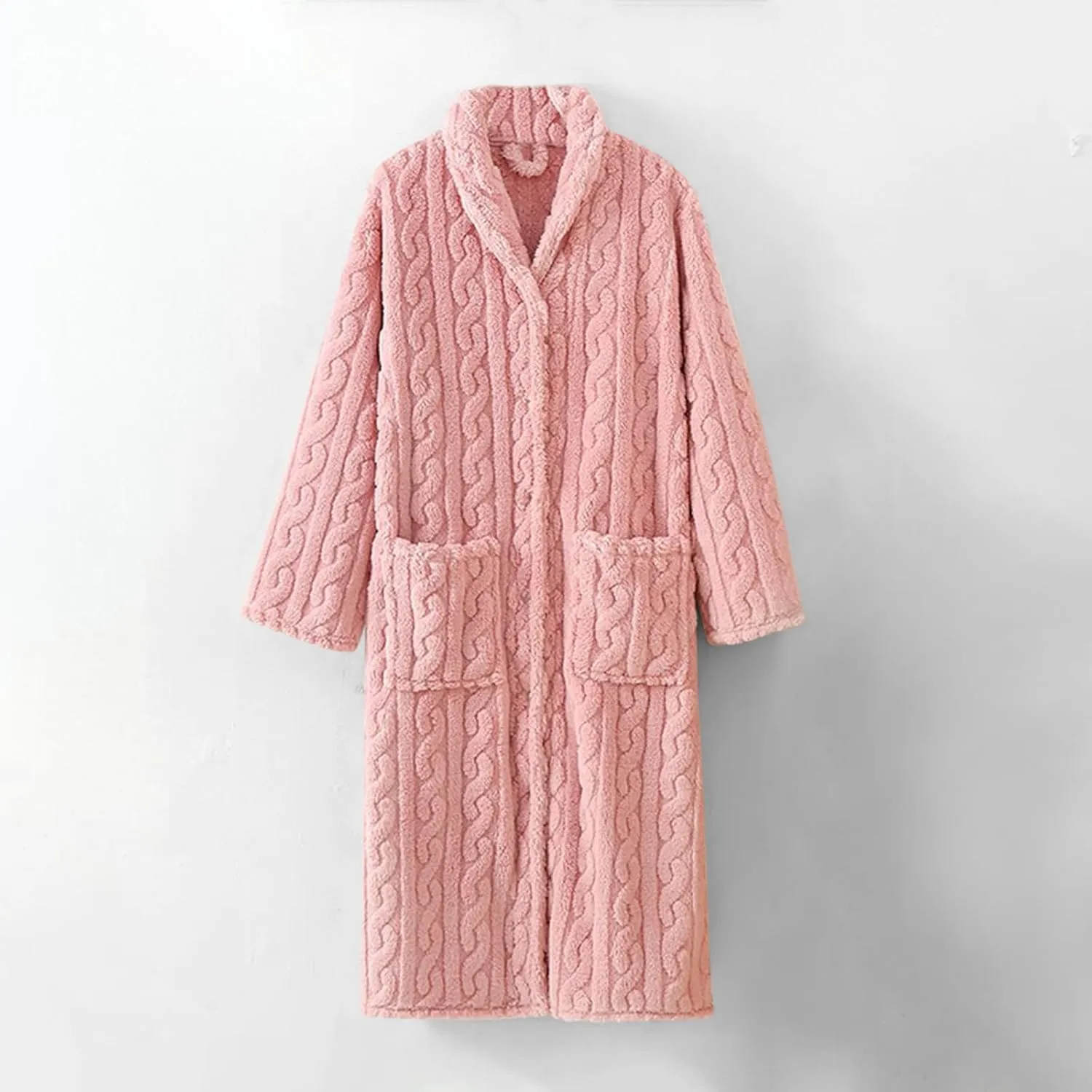 Fluffy Cable Knit Robe for Women Plush Soft Long Bathrobe Front Button Cardigan Comfy Housecoat Lounge Nightwear