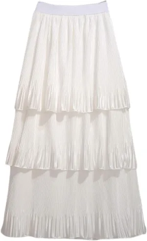 Flygo Women's Flared Layered Peated Ruffles Waterfall Midi Skirt