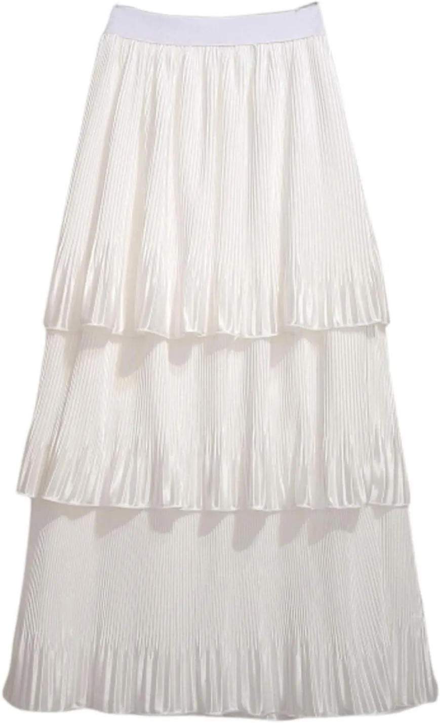 Flygo Women's Flared Layered Peated Ruffles Waterfall Midi Skirt