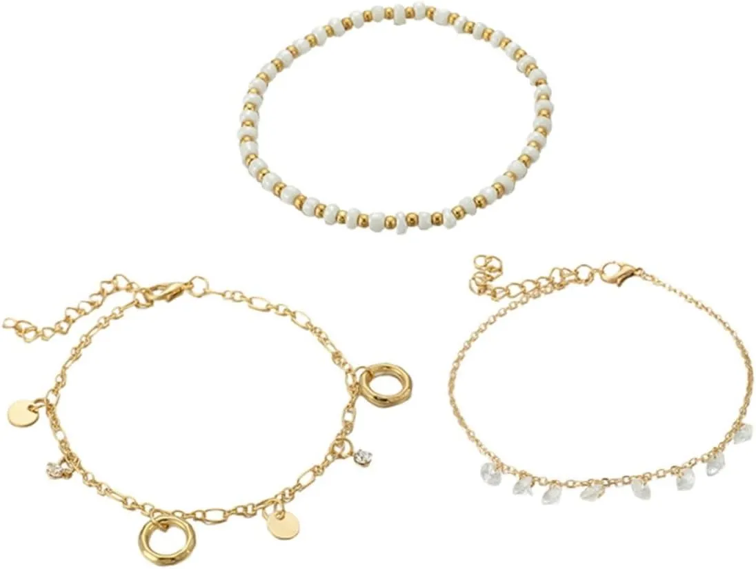 Foot Chain Anklet Set 3 Pcs Circular Foot Chain Graceful Tassels Elegant Rice Bead Anklet for Women Lady Girls