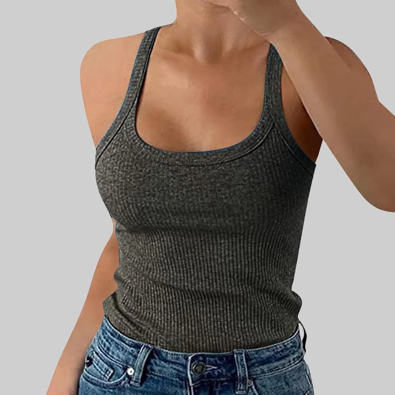 Franterd Ribbed Tank Tops for Women Summer Spaghetti Strap Scoop Neck Slim Fitted Basic Tops Workout Casual Camisole Shirts