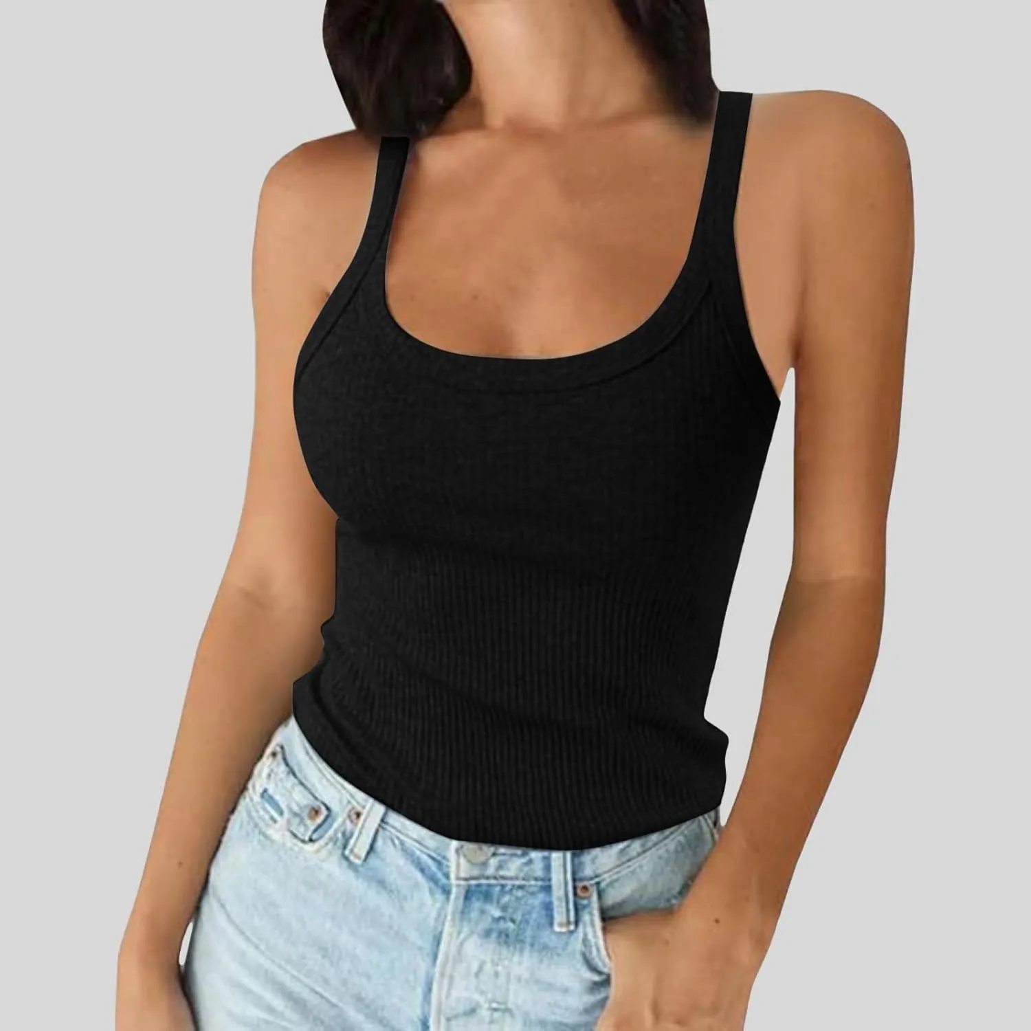 Franterd Ribbed Tank Tops for Women Summer Spaghetti Strap Scoop Neck Slim Fitted Basic Tops Workout Casual Camisole Shirts