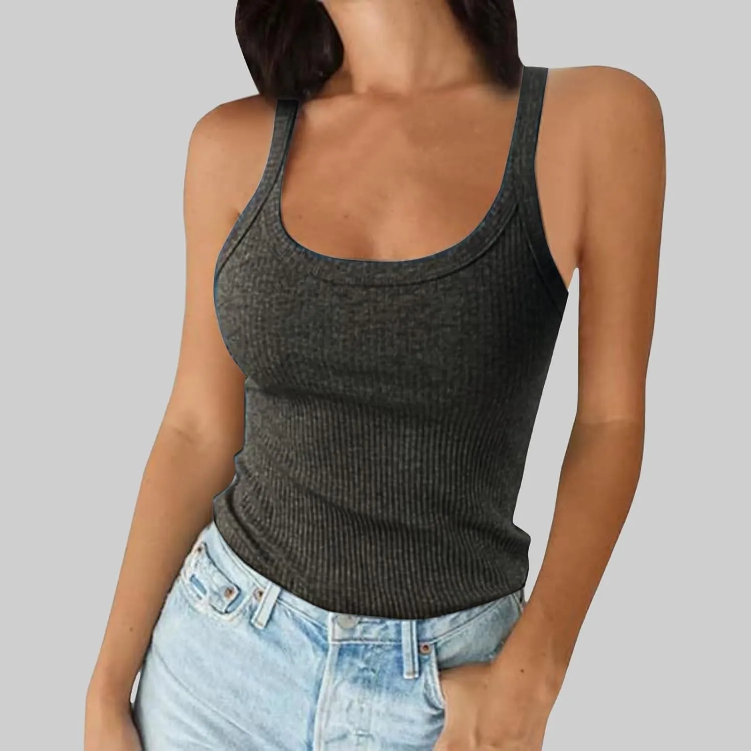 Franterd Ribbed Tank Tops for Women Summer Spaghetti Strap Scoop Neck Slim Fitted Basic Tops Workout Casual Camisole Shirts