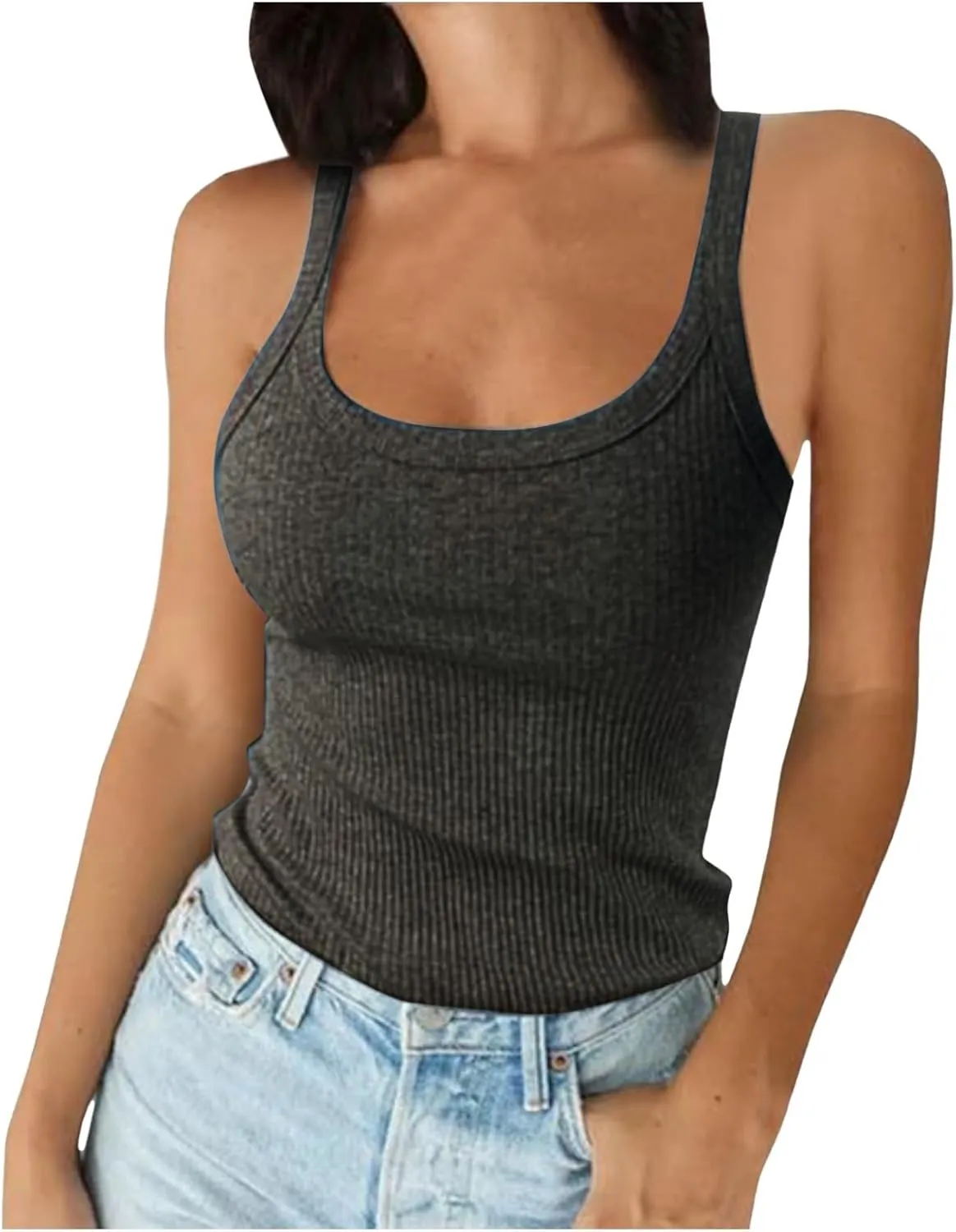 Franterd Ribbed Tank Tops for Women Summer Spaghetti Strap Scoop Neck Slim Fitted Basic Tops Workout Casual Camisole Shirts