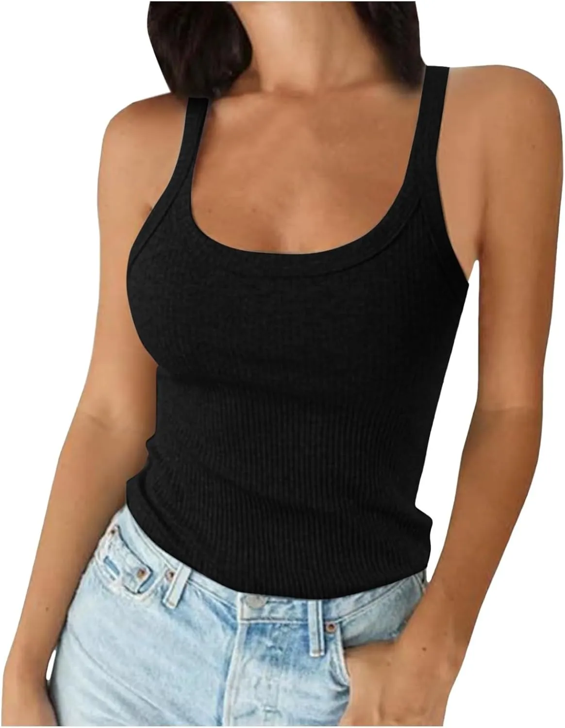 Franterd Ribbed Tank Tops for Women Summer Spaghetti Strap Scoop Neck Slim Fitted Basic Tops Workout Casual Camisole Shirts