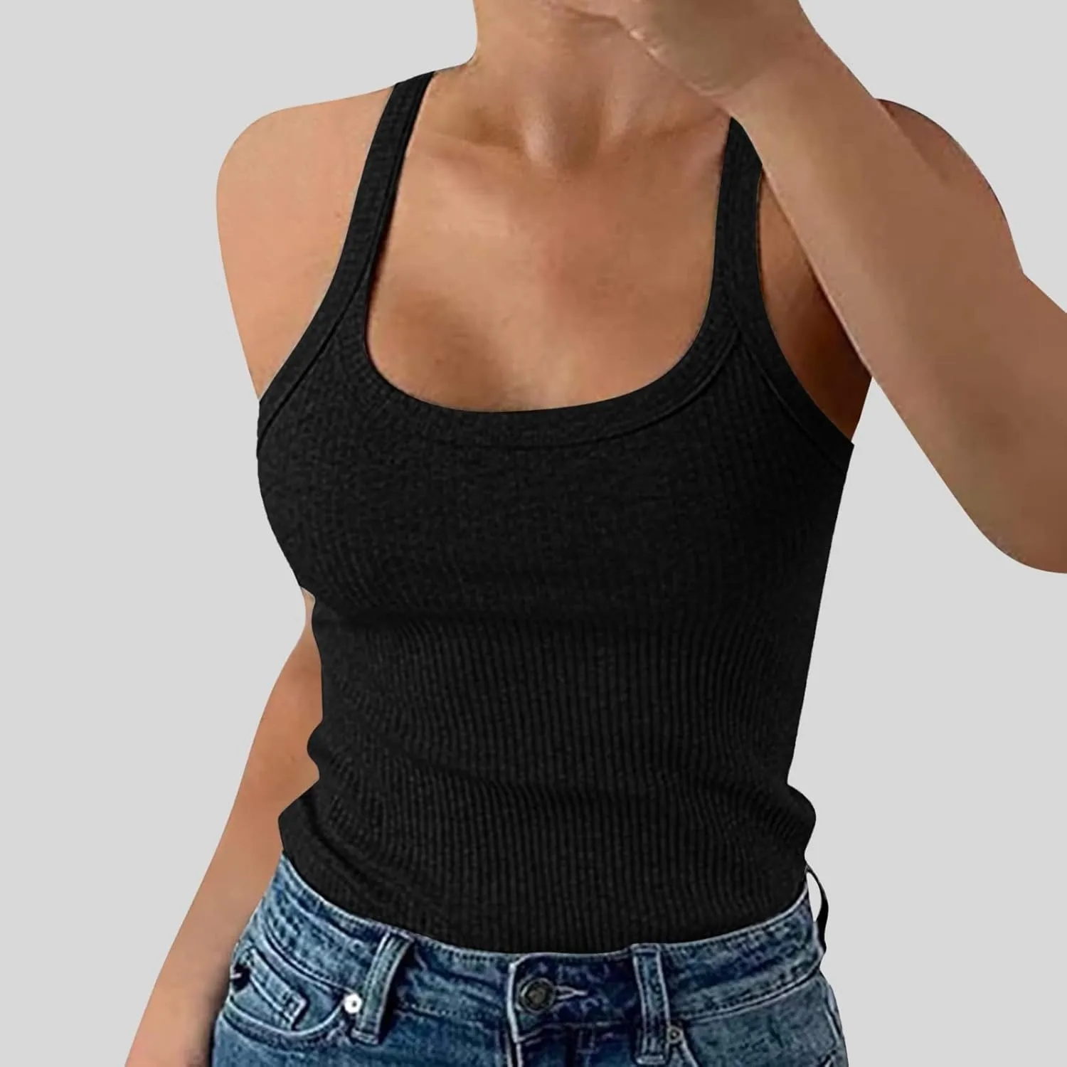 Franterd Ribbed Tank Tops for Women Summer Spaghetti Strap Scoop Neck Slim Fitted Basic Tops Workout Casual Camisole Shirts