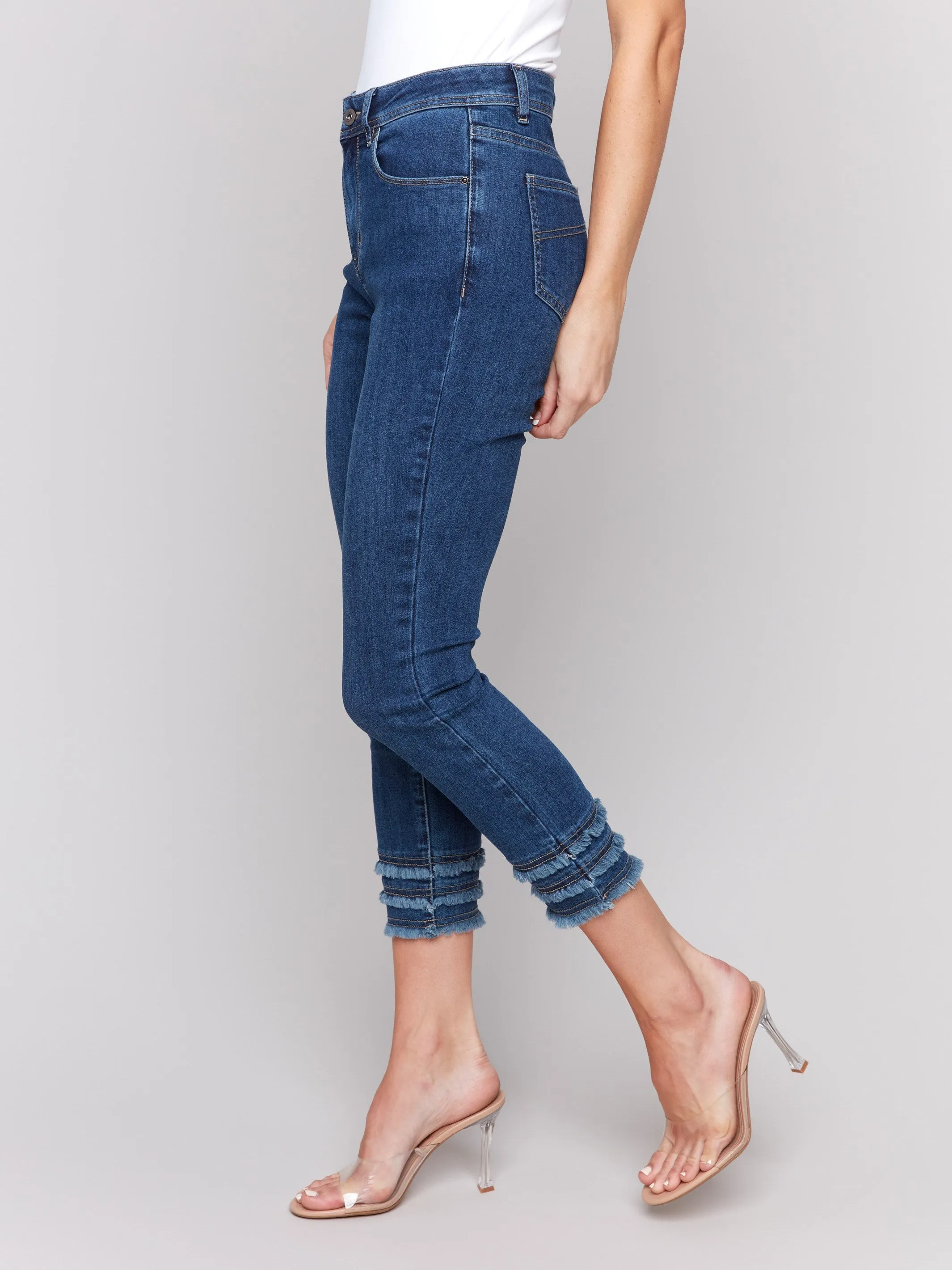 Frayed Hem Cropped Denim Pants - Indigo