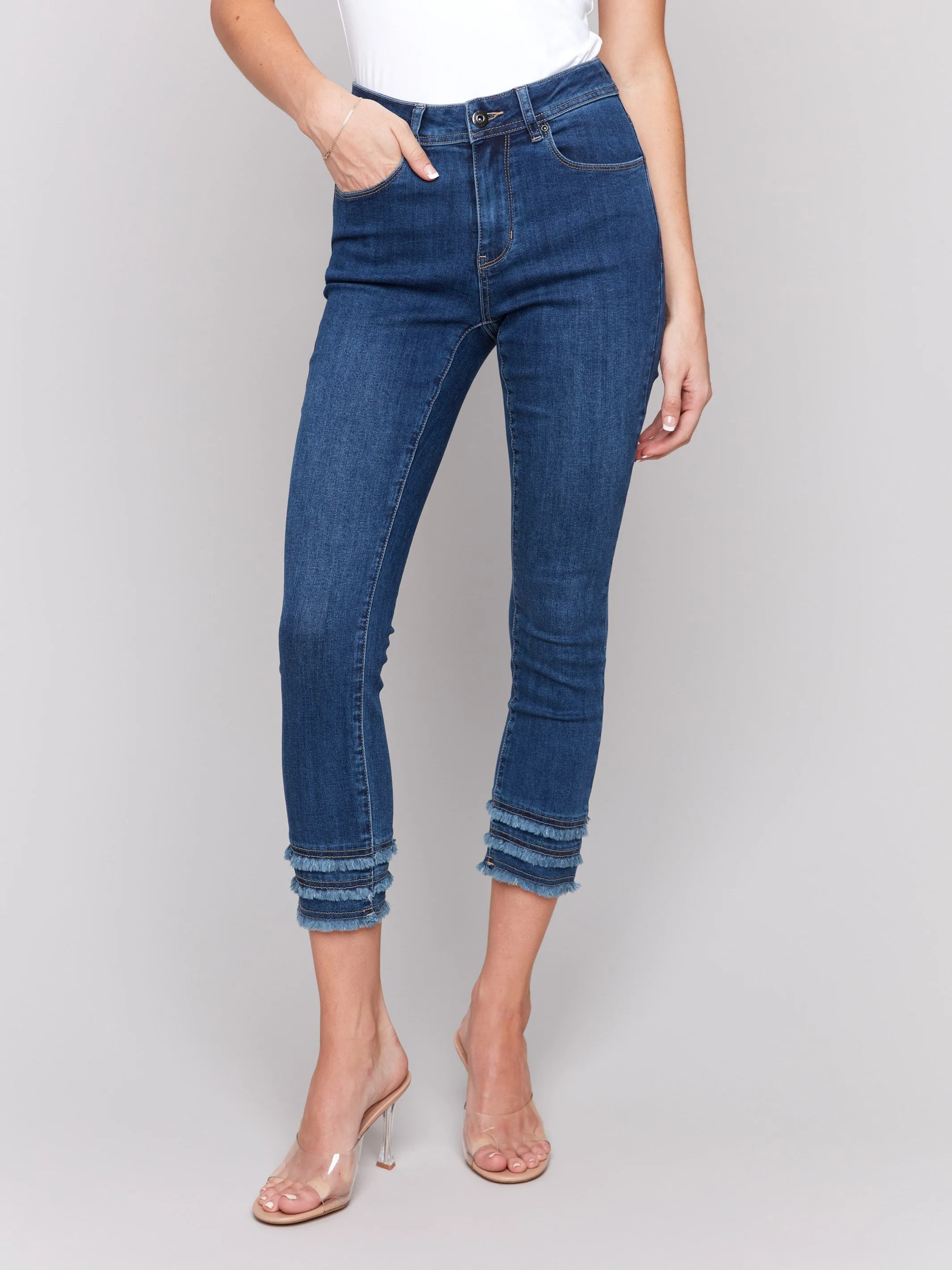 Frayed Hem Cropped Denim Pants - Indigo