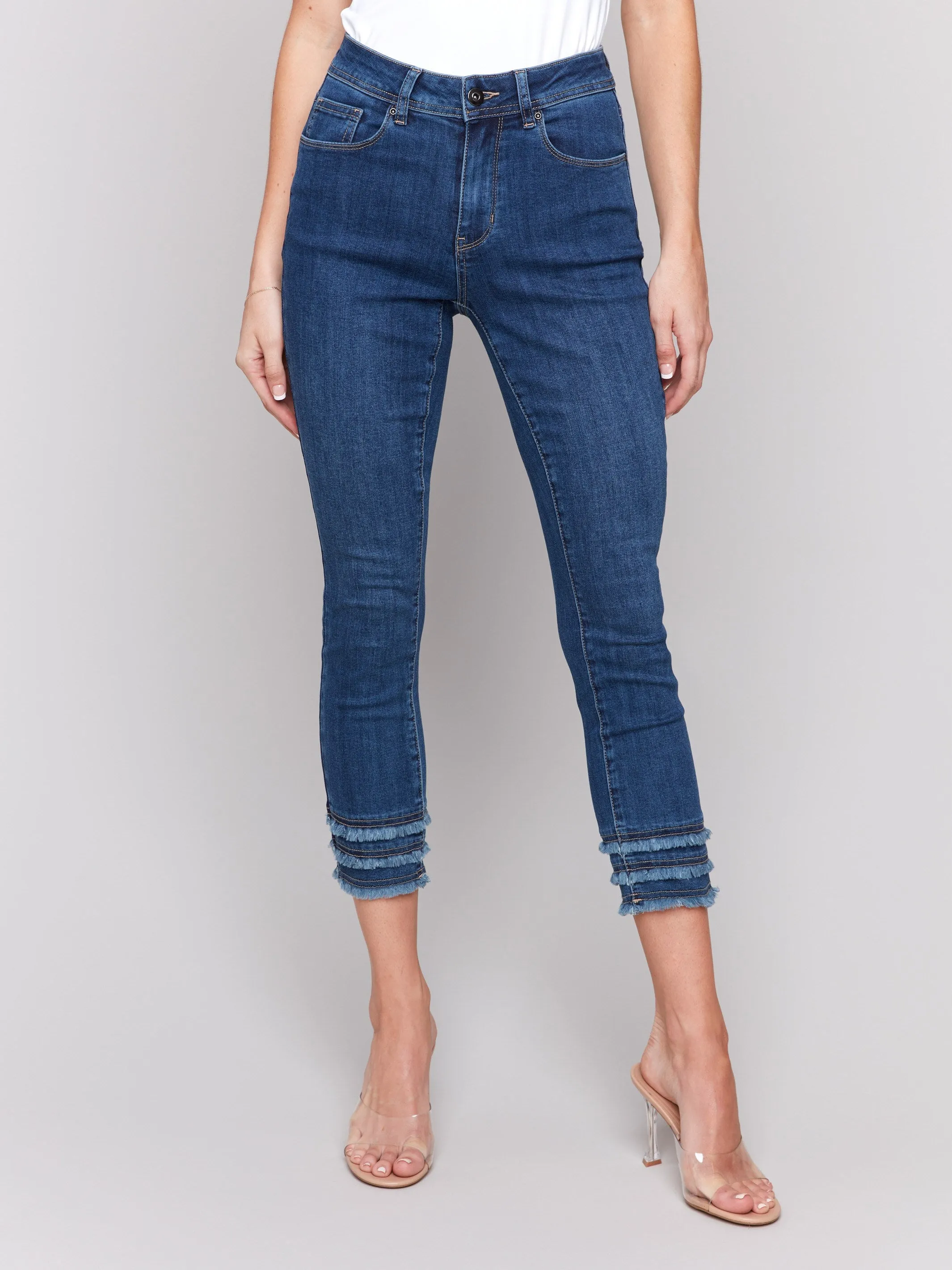 Frayed Hem Cropped Denim Pants - Indigo
