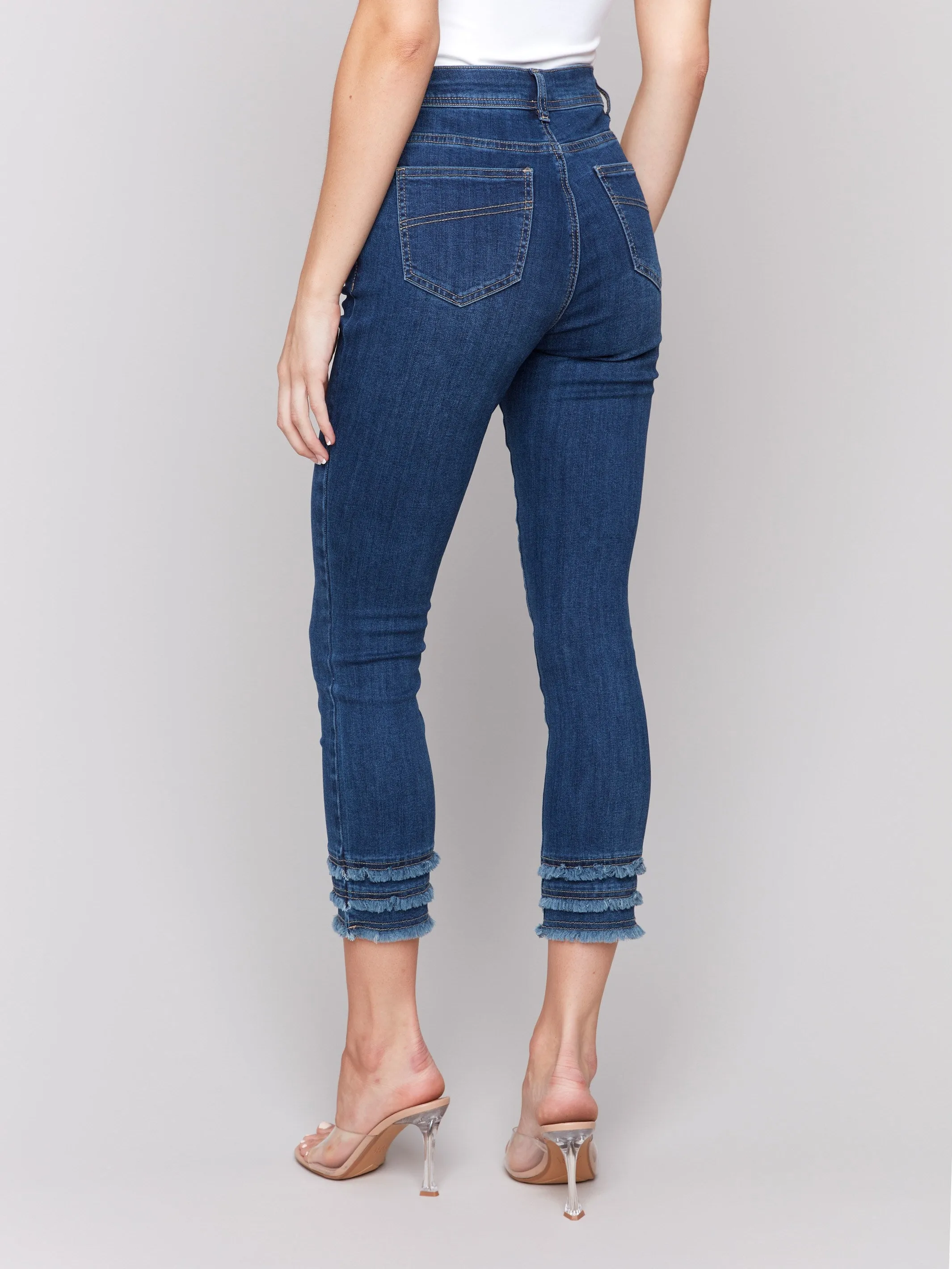Frayed Hem Cropped Denim Pants - Indigo