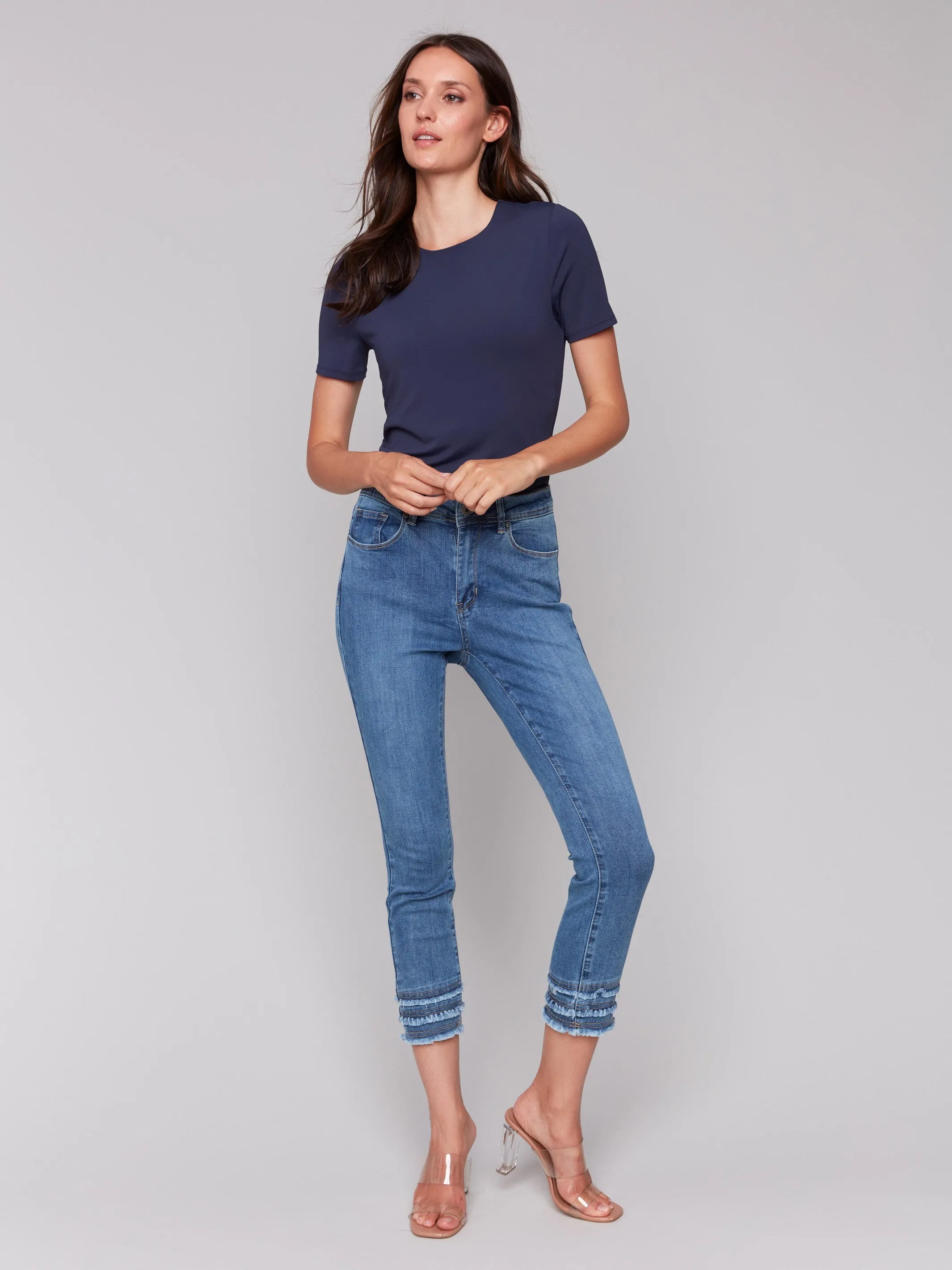 Frayed Hem Cropped Denim Pants - Medium Blue