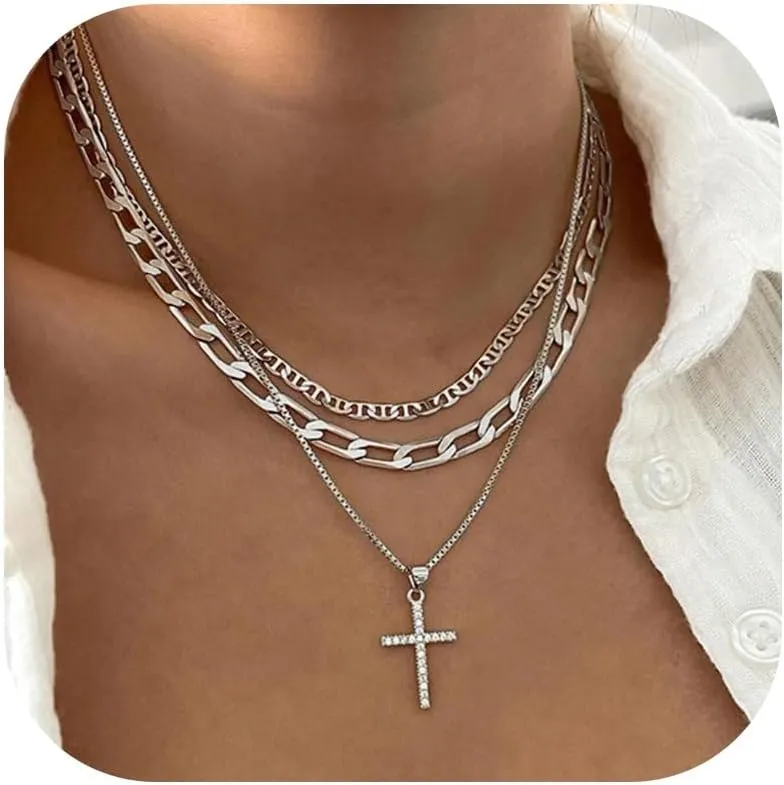 Frodete Cross Necklace for Women Rhinestone Cross Necklace Gold Layered Charm Pendant Necklace Jewelry