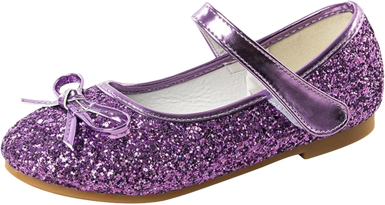 Girls Dress Shoes Princess Glittery Bowknot Low Heel Shoes for Toddler Little Girl Mary Jane Low Heels Footwear